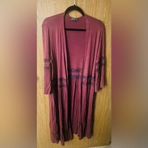 POL Burgundy and Navy Embroidered Open Cardigan Duster - Size Small